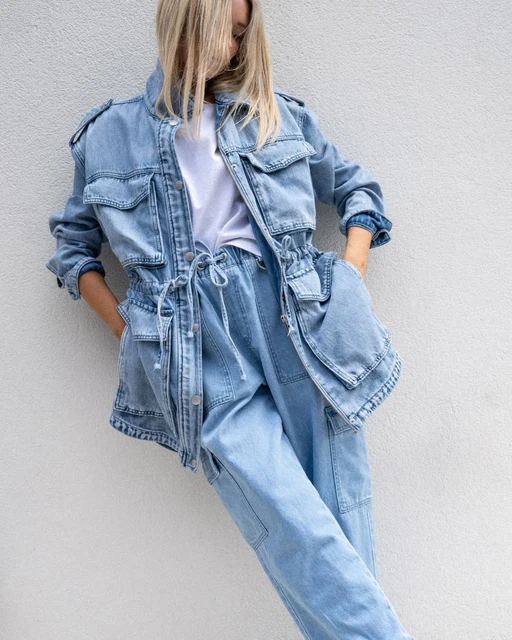 DECJUBA D-LUXE DENIM Jacket Womens Size 12 Light Blue Jean Cargo