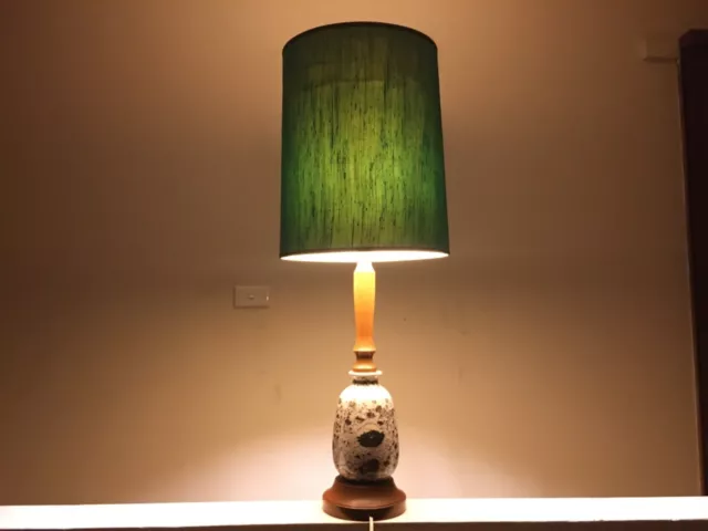 Vintage teal turned timber MCM ceramic lamp