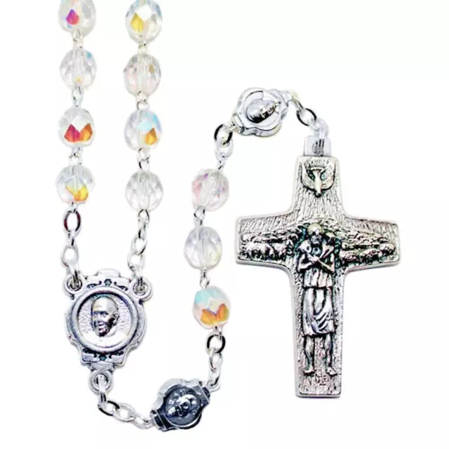 New Made In Italy Pope Francis Clear Crystal Aurora Bead Rosary W/ Vedele Cross