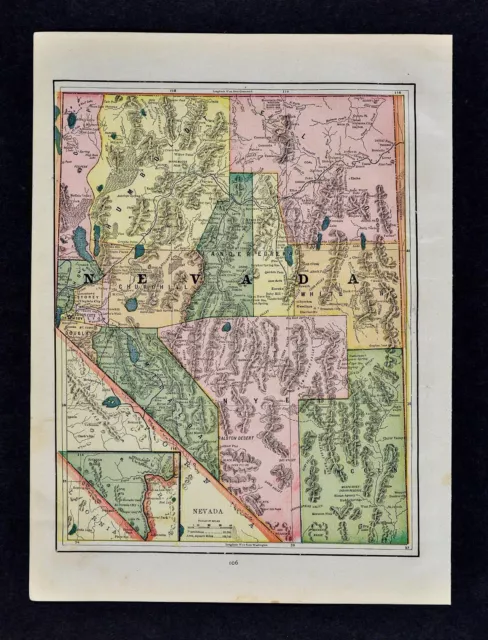 c 1890 Cram Map - Nevada Carson City Lake Tahoe Austin Reno Hawthorne Vegas Wash