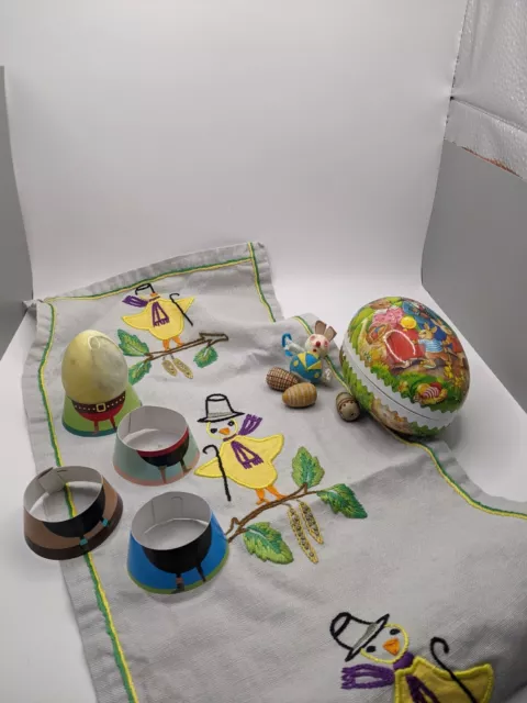 Vintage Easter Decoration Lot, German Egg. Putz Rabbit Embroidered Chick Runner,