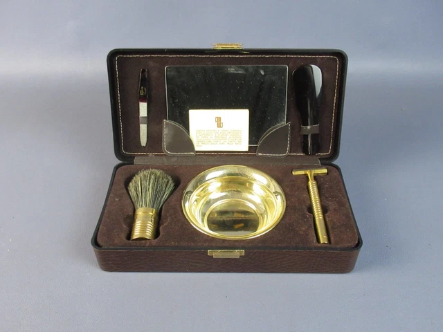 Set da viaggio barba rasoio vintage anni 60 ottone dorato custodia pelle
