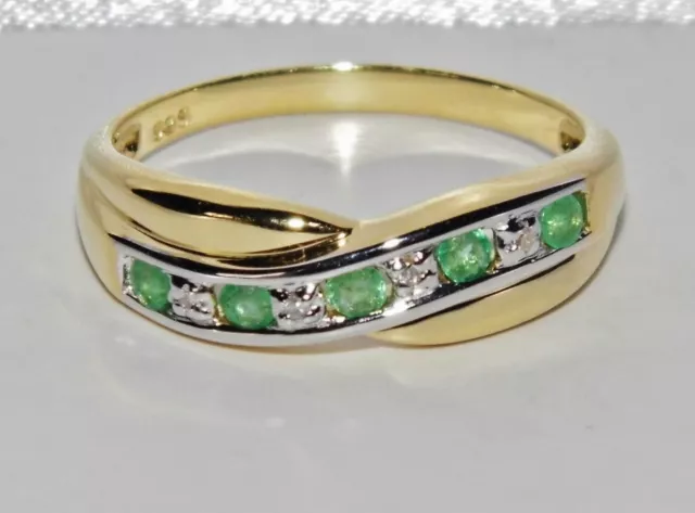 9ct Yellow Gold & Silver Emerald & Diamond Crossover Eternity Ring size L