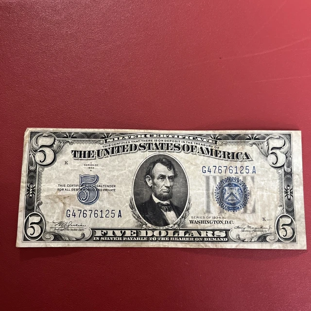 1934 $5 Dollar Silver Certificate Blue Seal Note Paper Money