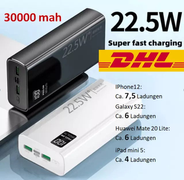 Powerbank 30000mAh PD 22,5W LCD-Display 4 Schnittstellen Super schnelles Laden