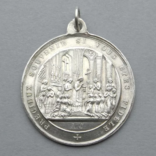 French, Antique Religious Large Silver Pendant, First Communion. 1877. Medal.