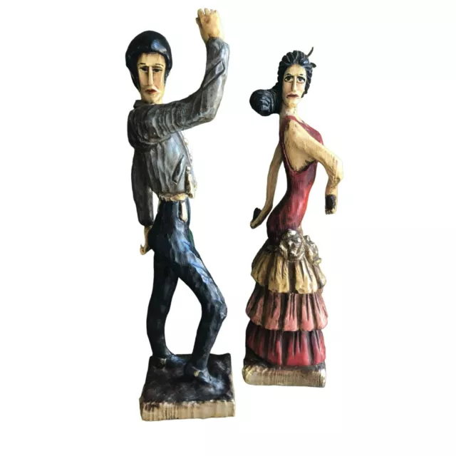 2 Hand Carved Hand Painted Wood Spanish Flamenco Dancers 18 in Tall MCM 1960s