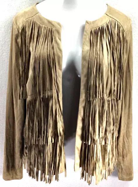 Kensie NEW Tan Beige Womens Buttery Soft XL Faux-Suede Fringe Trim Jacket $129