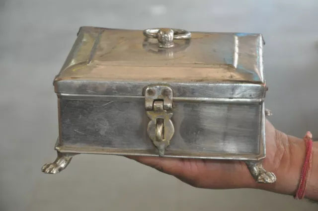 Old Brass Nickel Plated Solid Handcrafted Jewellery Box, Nice Patina
