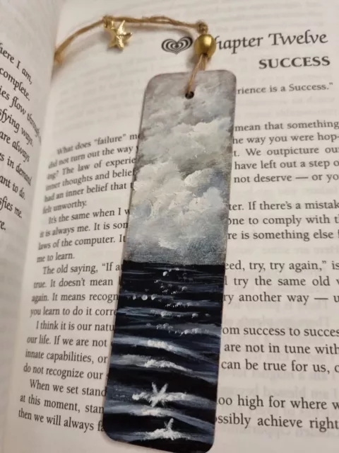 Original seascape clouds hand painted bookmark on wooden board christmas gift