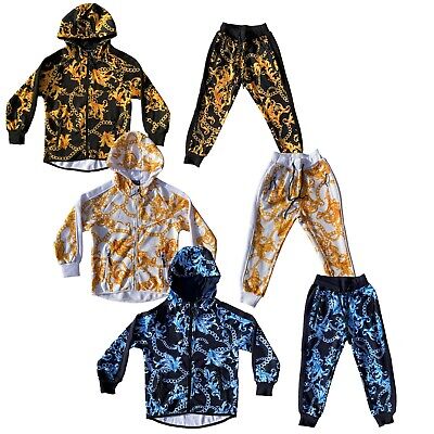 Boys Kids Baroque Print Tracksuit Outfit Jacket Joggers Jogging Bottoms Set Hood