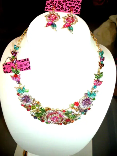 Betsey Johnson MULTICOLOR FLORAL Pave Crystal NECKLACE + MATCHING EARRINGS NWT