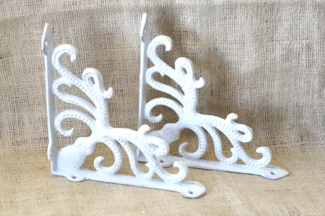 2 Cast Iron Octopus Brackets Nautical Garden Braces Shelf Corbels Ocean White