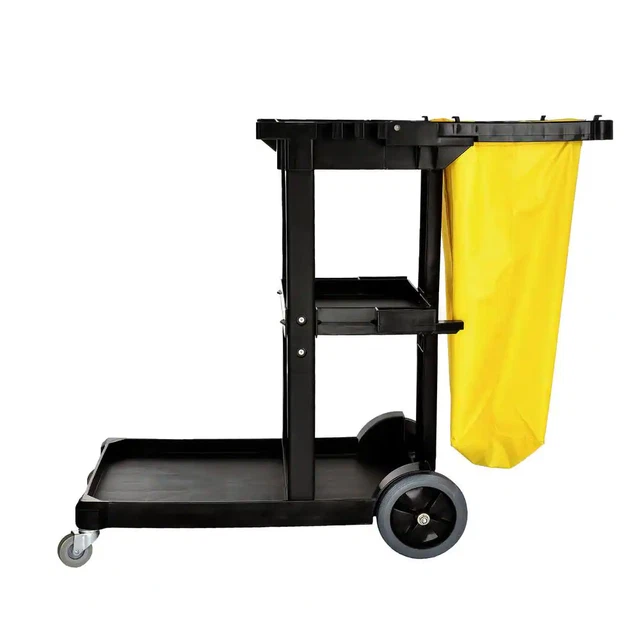 3-Shelf Janitorial Platform Cleaning PVC Cart with Yellow Vinyl Bag
