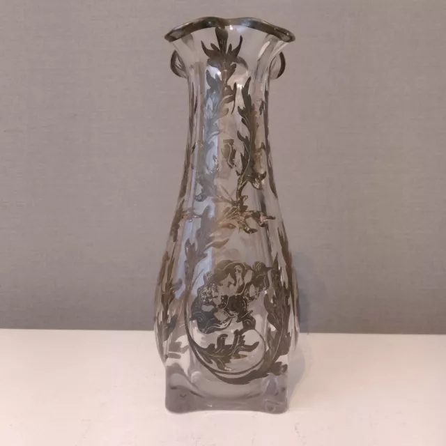 Vintage Glass Vase Silver Overlay Crystal , Floral Design Vase 21cm 1930s