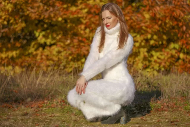 SuperTanya white long mohair sweater dress fuzzy wool fluffy hand knit gown 2