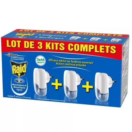 Raid anti moustiques Lot de 3 kits complet : 3 diffuseurs et 3 recharges