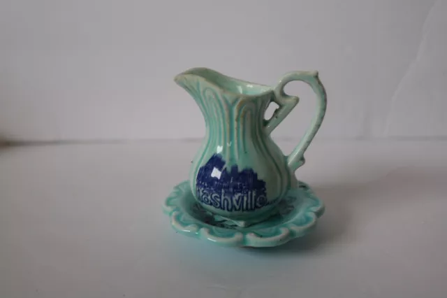 Light Blue Mini Pitcher & Saucer Ceramic Nashville Souvenir 2"