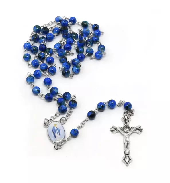 Rosary Beads Bead Blue Glass Necklace Crucifix Catholic Jesus Mary Catholic