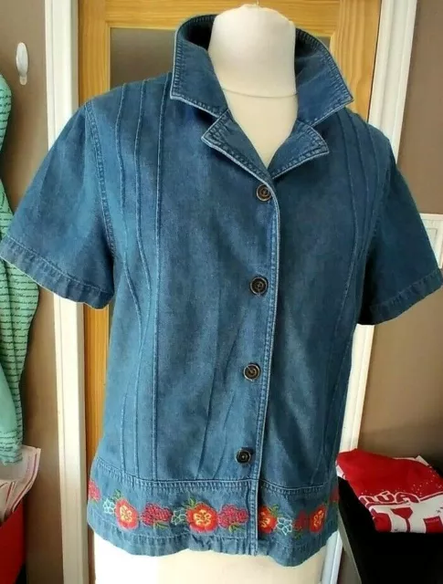 DENIM SHIRT Embroidered Flowers Size 14 SHORT SLEEVES Ladies StylishCABIN CREEK