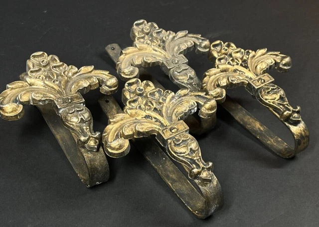 Set 4 Antique 1920s Gilt Metal Floral Leafy Drapery Tie or Hold Backs marked CNP 3