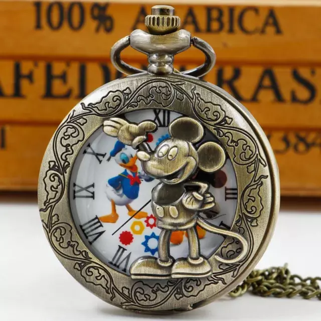 Pocket Watch Mickey Mouse Quartz Necklace Fob with Chain Pendant Gift