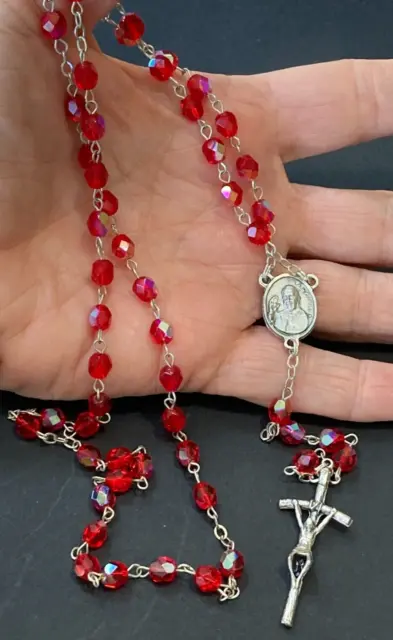 Vtg ITALY Catholic Rosary RED AB Glass Crystal Beads Cross Crucifix Silver