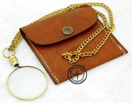 Nautical Pocket Magnifying Glass Brass Magnifier Pendent Chain With Leather Case