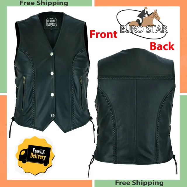 Women's Ladies Classic Motorcycle Biker Real Cowhide Leather Waistcoat/Vest UK