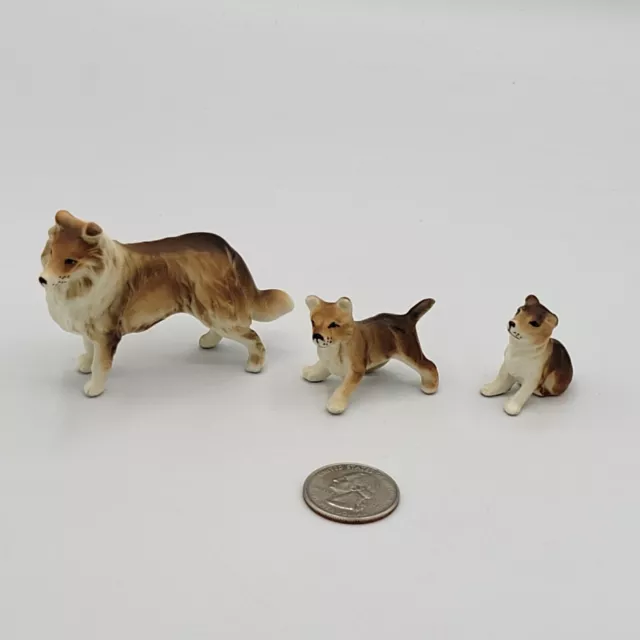 Vintage Collie Dog Family Set Of 3 Porcelain Miniature Figurines Dollhouse 2
