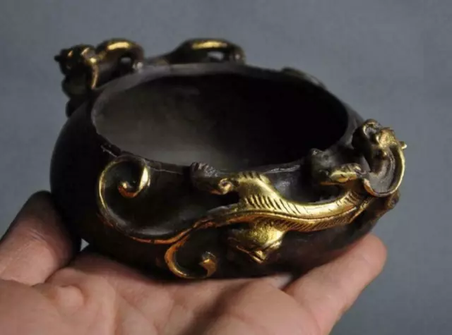 Old Chinese fengshui bronze gilt dragon Pixiu beast statue Incense Burner Censer 3