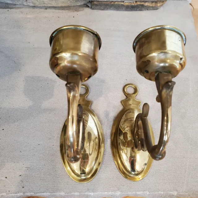 Vintage Pair Brass Two Wall Mount Sconce Single Candle Holders