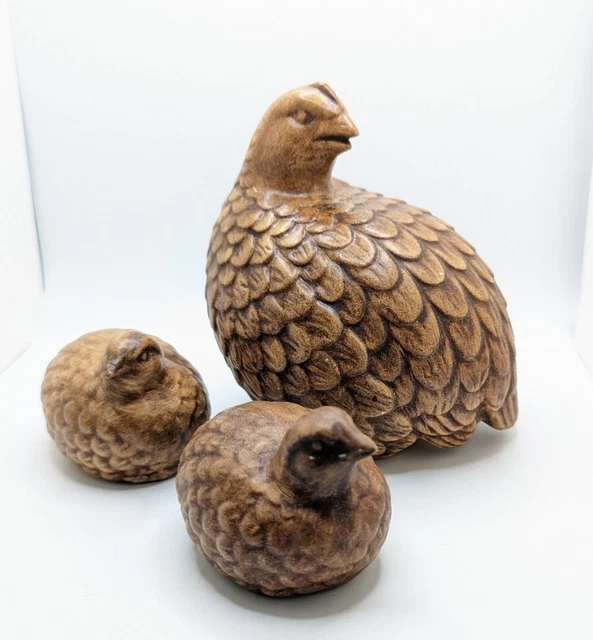 3 Vintage Quail Hand Painted Figurine Hand Made Studio Pottery Bird Brown MCM