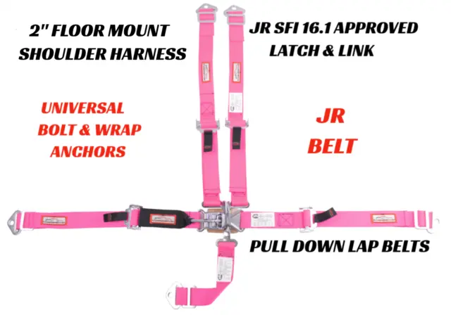Junior Dragster Race Harness 5 Point Universal Floor Mount Latch & Link Hot Pink