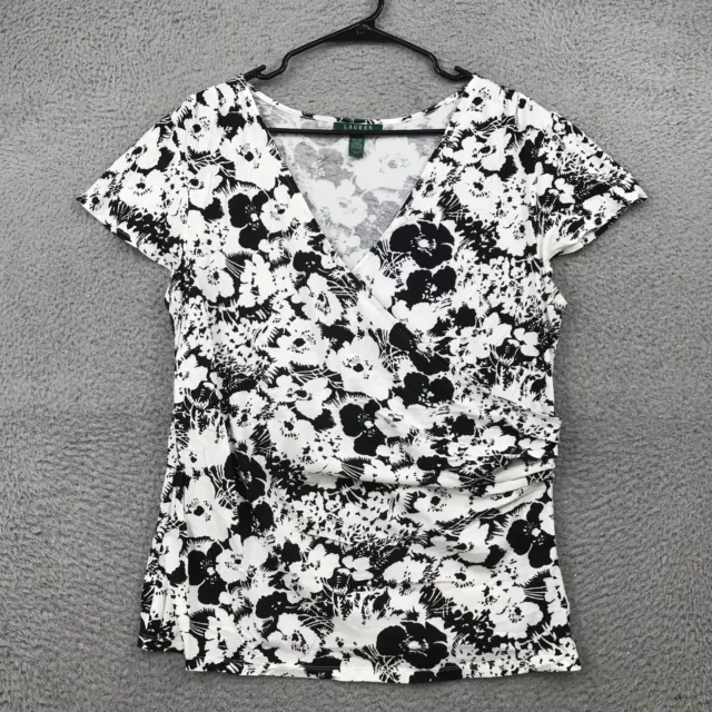 Lauren Ralph Lauren Shirt Womens XL Black Floral Print V Neck Short Sleeve 40512