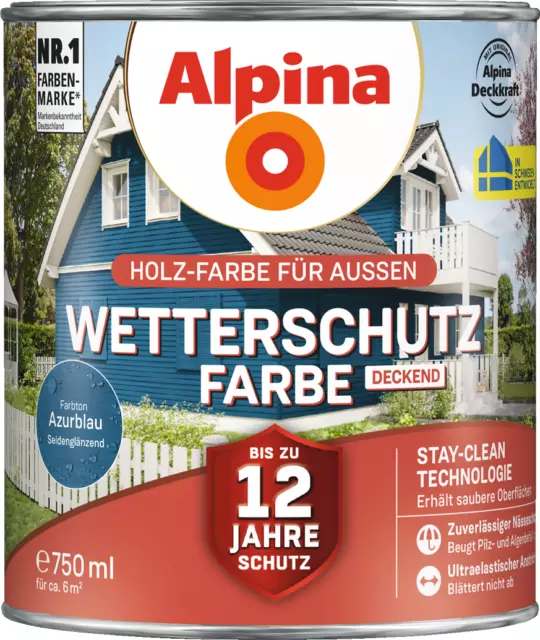 Alpina Holz Wetterschutzfarbe für Außen 2,5 L für Außen Deckend Azurblau