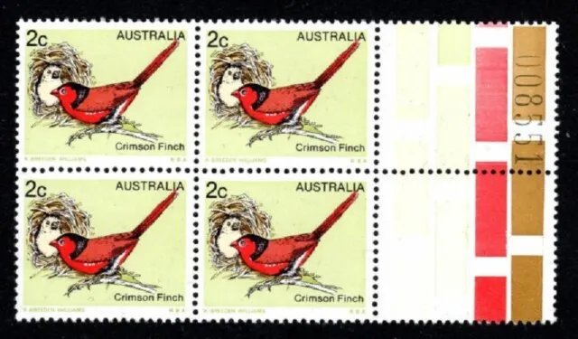 1979 Australian Birds - 2c Crimson Finch - Block of 4 with plate number MNH