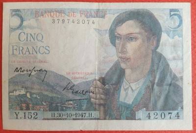 BILLET 5 FRANCS BERGER A 30 10 1947 A 43840 B 145 