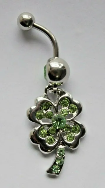 Leaf Clover Lucky Charm Flower Dangle Gem Belly Navel Piercing Jewelry ring Bar