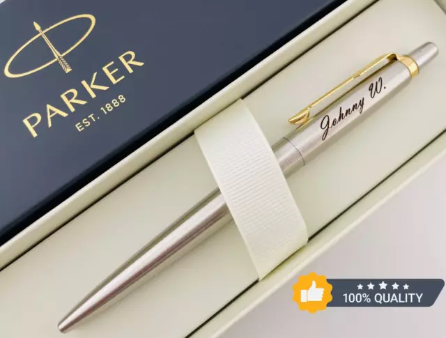 Personalized Engraved PARKER Ballpoint Pen Office Gift Chrome Gold Trim Blue Ink