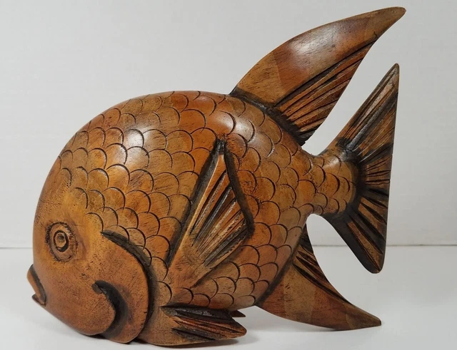 Vintage Hand Carved Wood Carving Fish Art Sculpture 9 " tiki bar /cottage decor