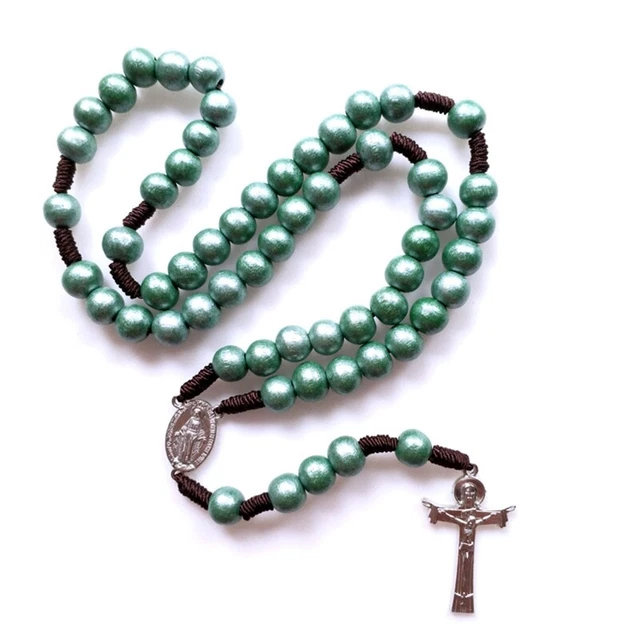 Collar verde católico de madera rosario colgante adorno artístico
