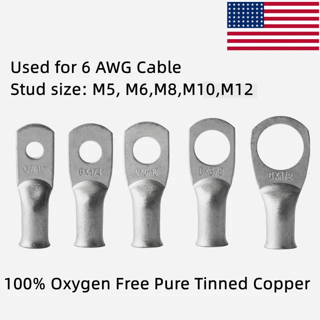 6 AWG GAUGE Cable Lugs Ring Terminals Battery Wire Connectors Pure