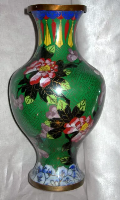 Asian Green Cloisonne Hand Enameled Cherry Blossom Vase