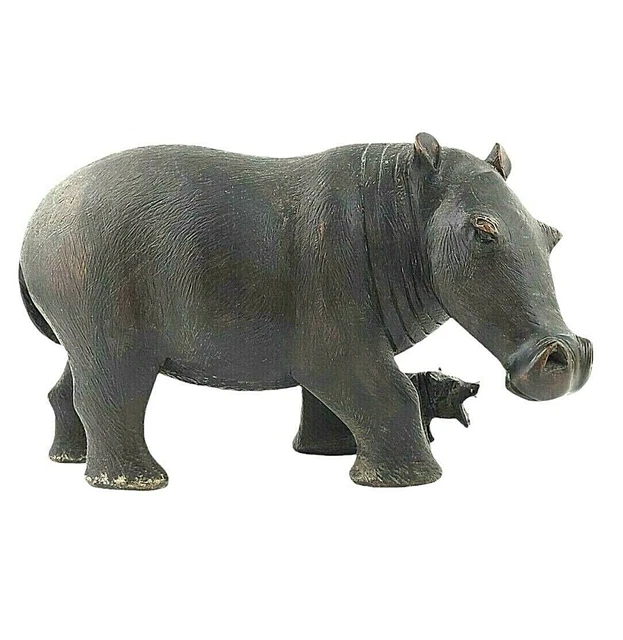 Hippopotamus Mom Baby Wooden Statue LARGE Vintage Hardwood Hand Carved Figure