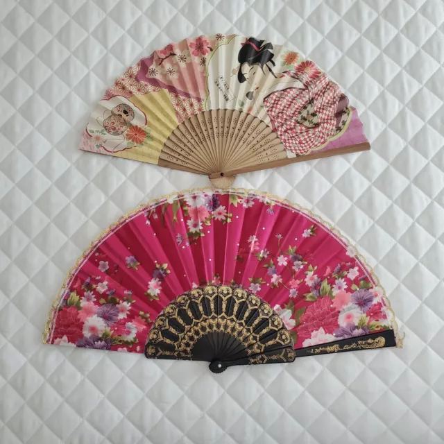 2 Vtg. Oriental Folding Fan Hand-Painted Flowers woman Beautiful1 5" and 17"