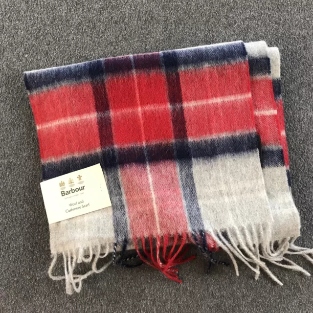 Barbour Merino Wool Cashmere Tartan Scarf Womens Red Gray NWT Apprx 72x10" #5070