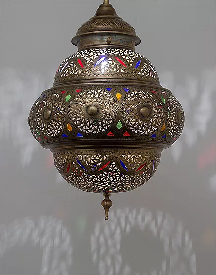 Antique Brass Moroccan Pendant Lamp with Coloured Glass Inserts 2