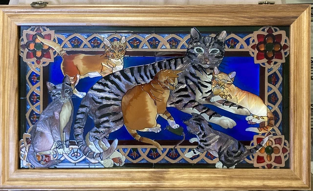 Vintage Joan Baker STAINED GLASS CAT DECOR WINDOW PANEL “Catnap in the Sun”