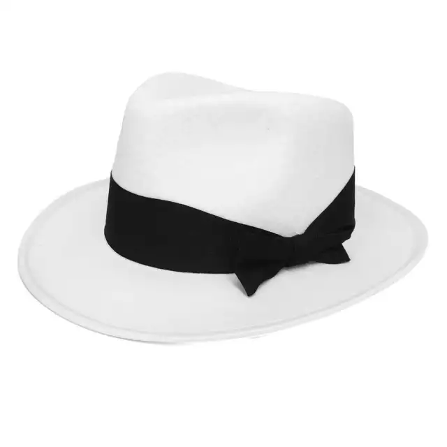 Dlx Cappello Da Gangster Bianco Anni '20 Costume Trilby Al Capone 55Cm 58Cm 60Cm